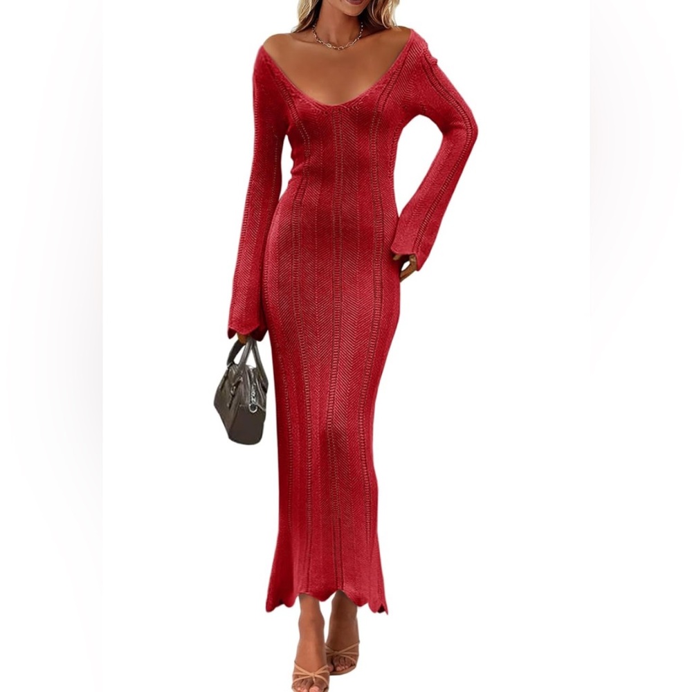 Elegant Red Crochet Maxi Coverup Dress